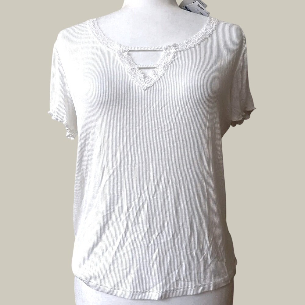 Hippie Rose Ribbed Lace Cut Out Top Juniors XL Ivory Short Sleeves NWT Y2K Boho